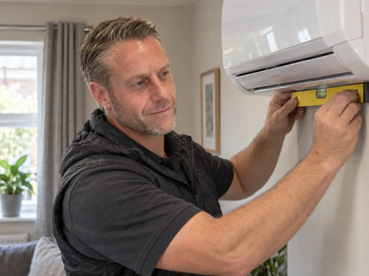 Martin from Perennia Climate Services checking the level of a newly mounted indoor split unit in a UK living room by Perennia Climate Services