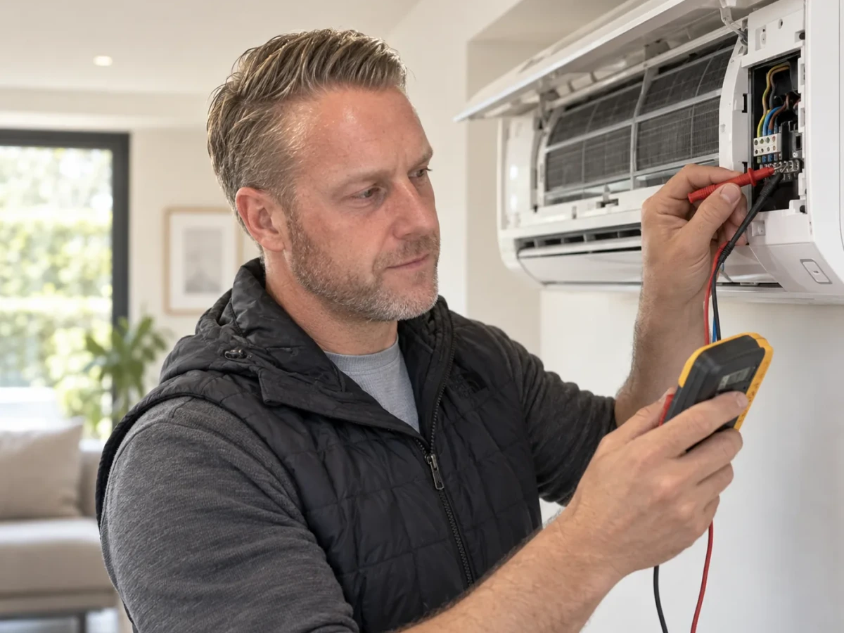 Martin from Perennia Climate Services testing an open wall mounted indoor unit with a digital multimeter by Perennia Climate Services