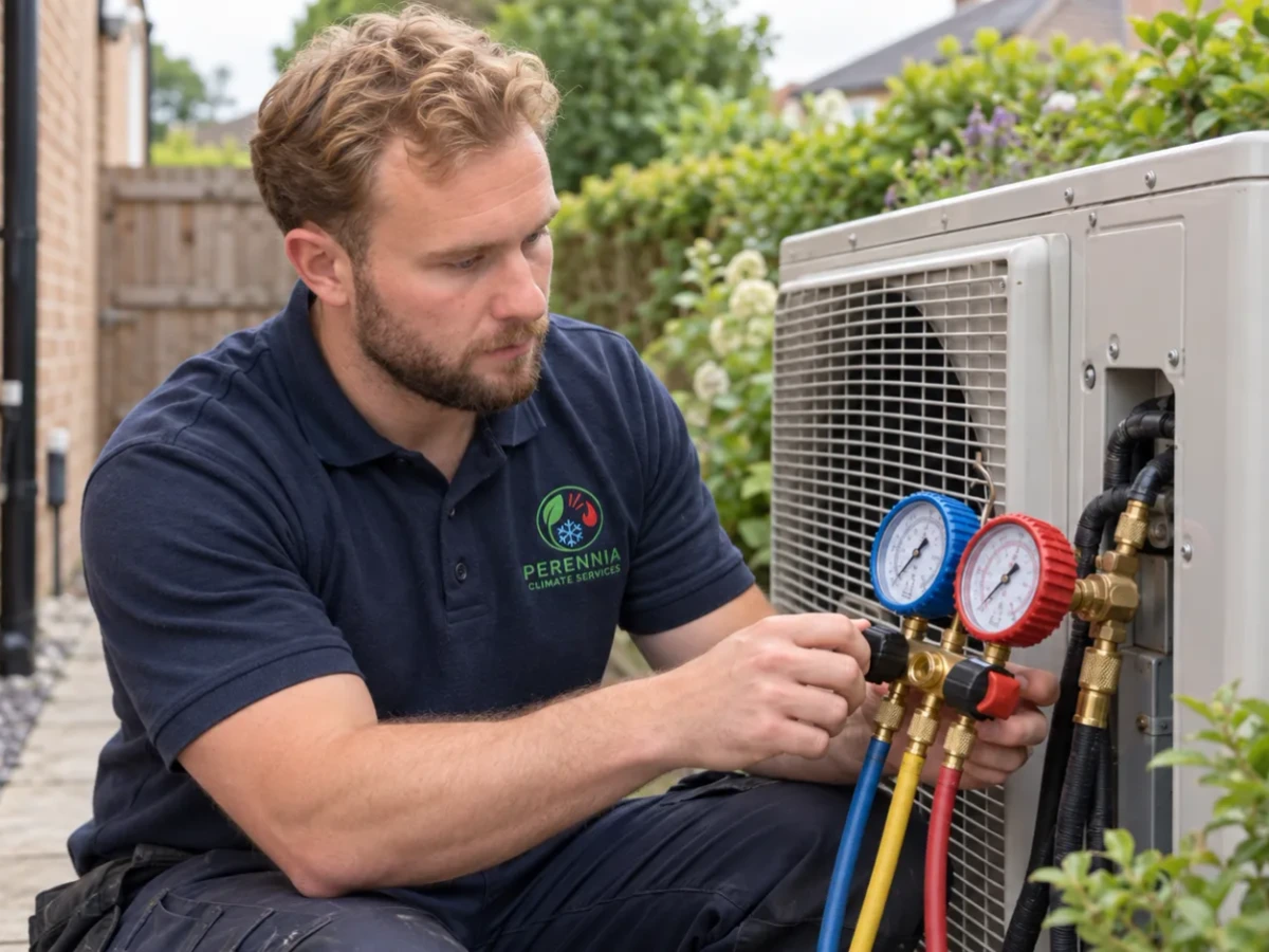 Perennia Climate Services technician checking an outdoor condenser for leaks with gauges connected by Perennia Climate Services
