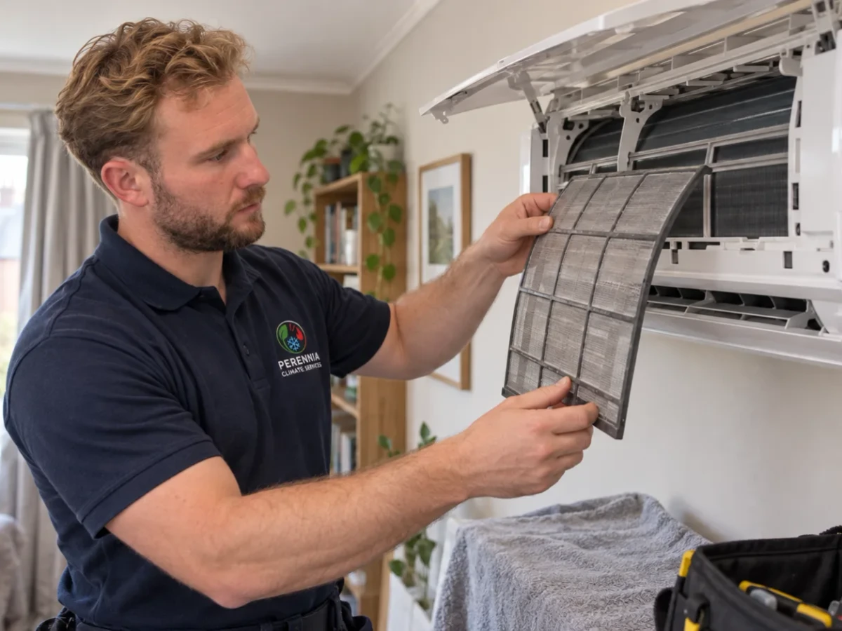 Perennia Climate Services technician cleaning a wall mounted indoor unit with the filter removed by Perennia Climate Services